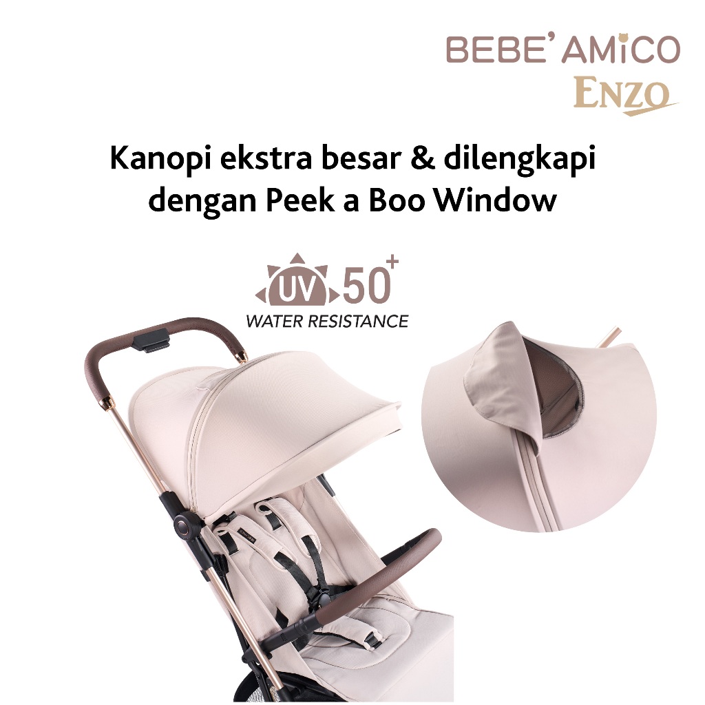 Bebe Amico Enzo Stroller Lightweight - Kereta Dorong Kabin One Hand Folding - Gambar 4