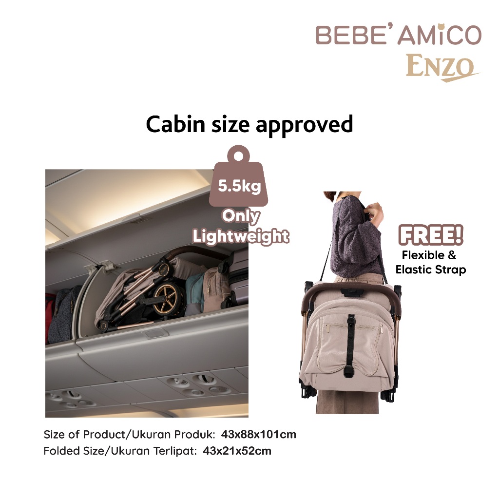 Bebe Amico Enzo Stroller Lightweight - Kereta Dorong Kabin One Hand Folding - Gambar 6