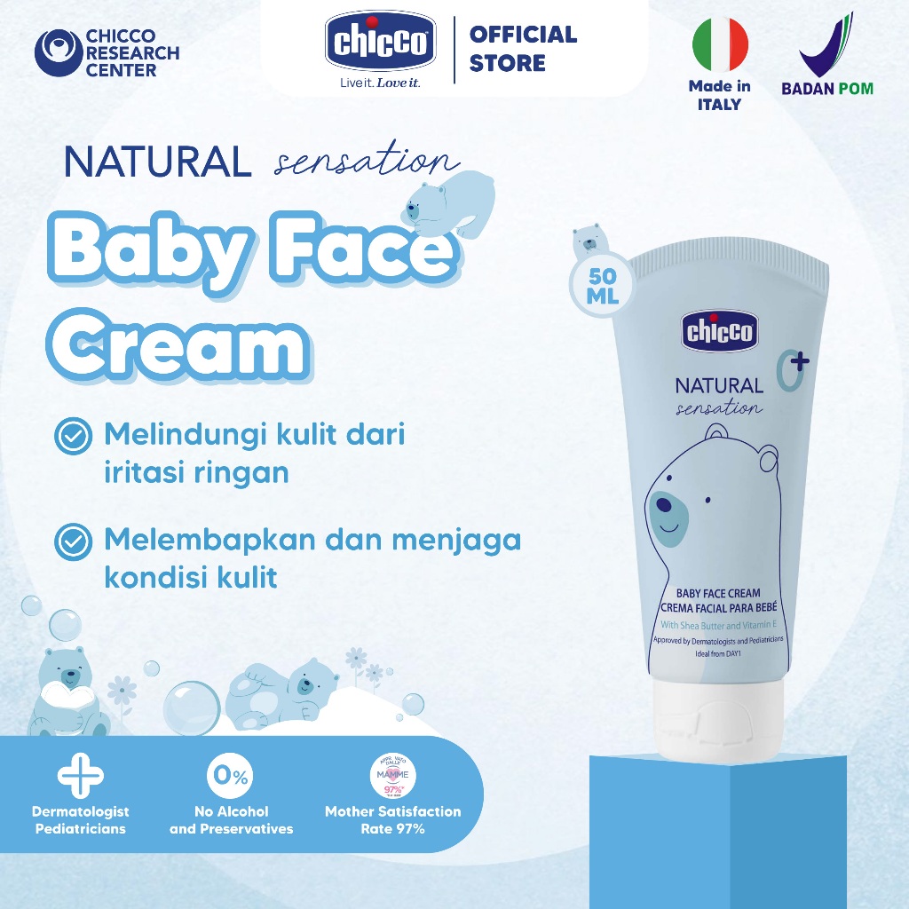 CHICCO Natural Sensation Baby Face Cream 50mL Krim Lotion Pelembab Wajah Perawatan Kulit Bayi Iritasi