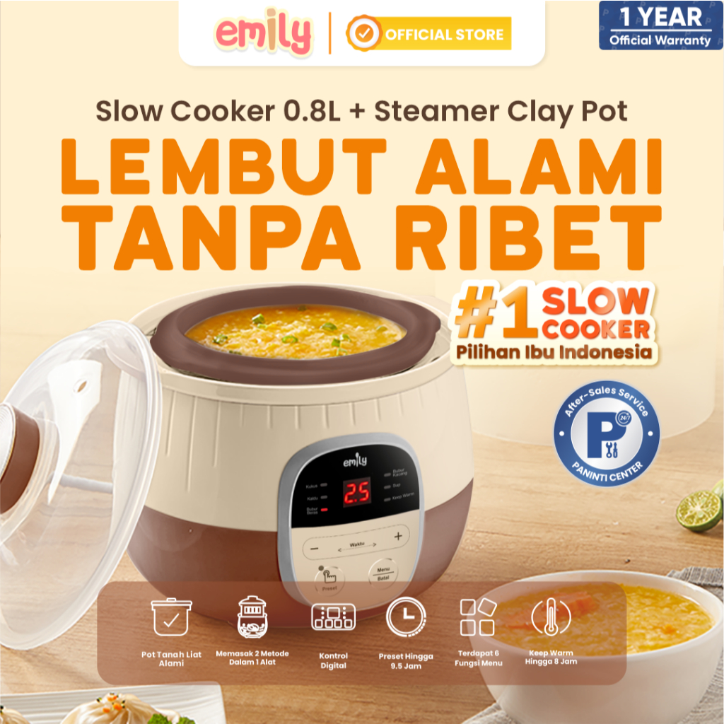 Emily Slow Cooker Steamer 0.8L Panci Tanah Liat MPASI Bayi Multifungsi