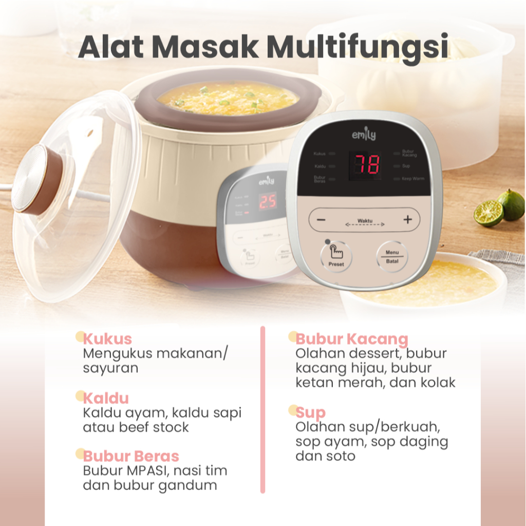 Emily Slow Cooker Steamer 0.8L Panci Tanah Liat MPASI Bayi Multifungsi - Gambar 3