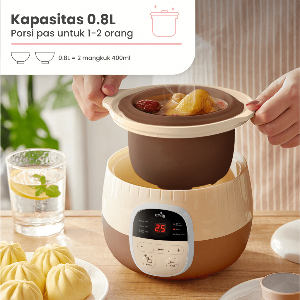 Emily Slow Cooker Steamer 0.8L Panci Tanah Liat MPASI Bayi Multifungsi - Gambar 5