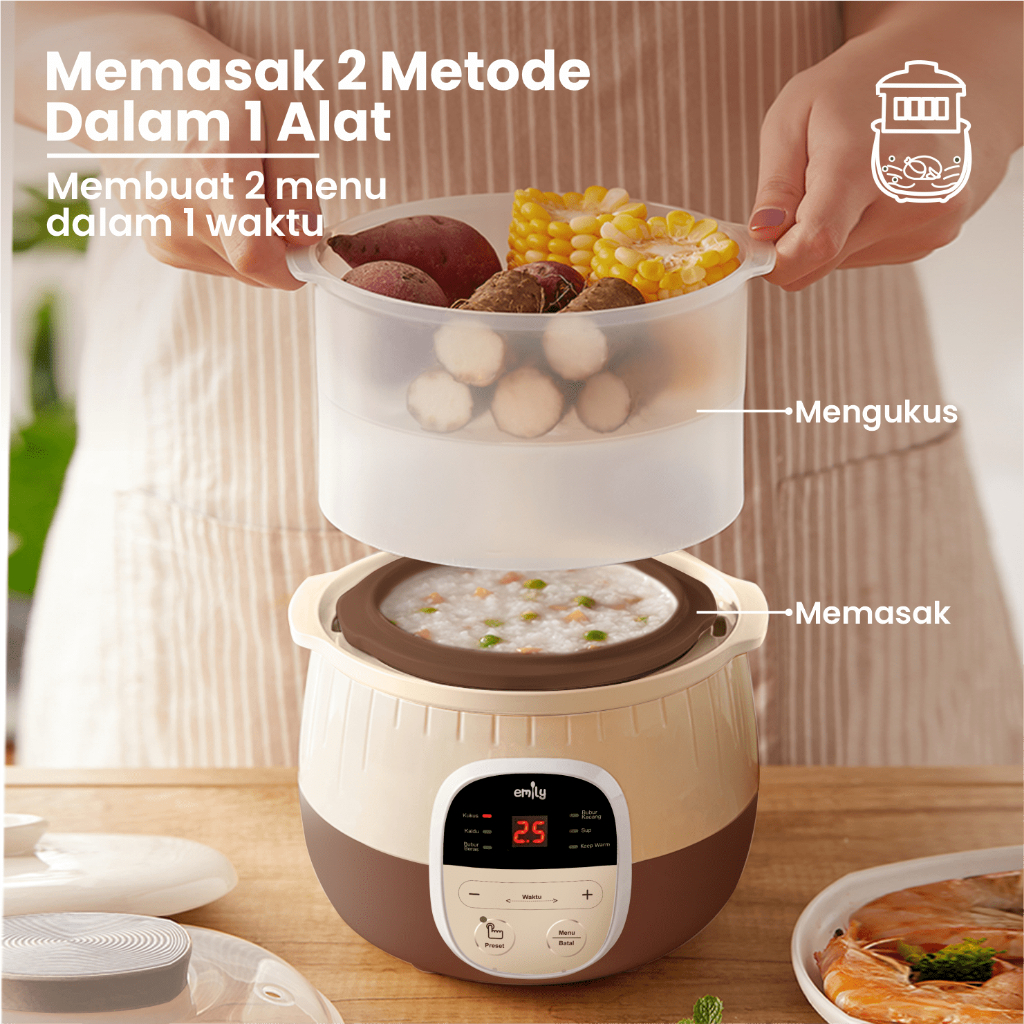 Emily Slow Cooker Steamer 0.8L Panci Tanah Liat MPASI Bayi Multifungsi - Gambar 7