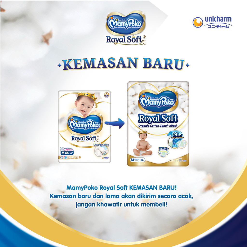 MamyPoko Royal Soft Organic Cotton - M 72 - Popok Tape - 2 Packs - Gambar 6
