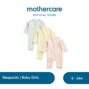 Mothercare 3 Pack Floral Footless Sleepsuits - Baju Tidur Bayi Perempuan (Pink)