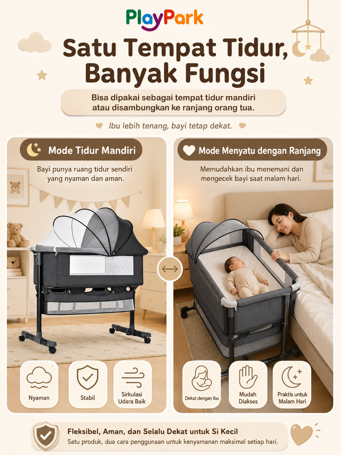 Playpark Box Bayi Portabel - Tempat Tidur Goyang Lipat Multifungsi - Gambar 2