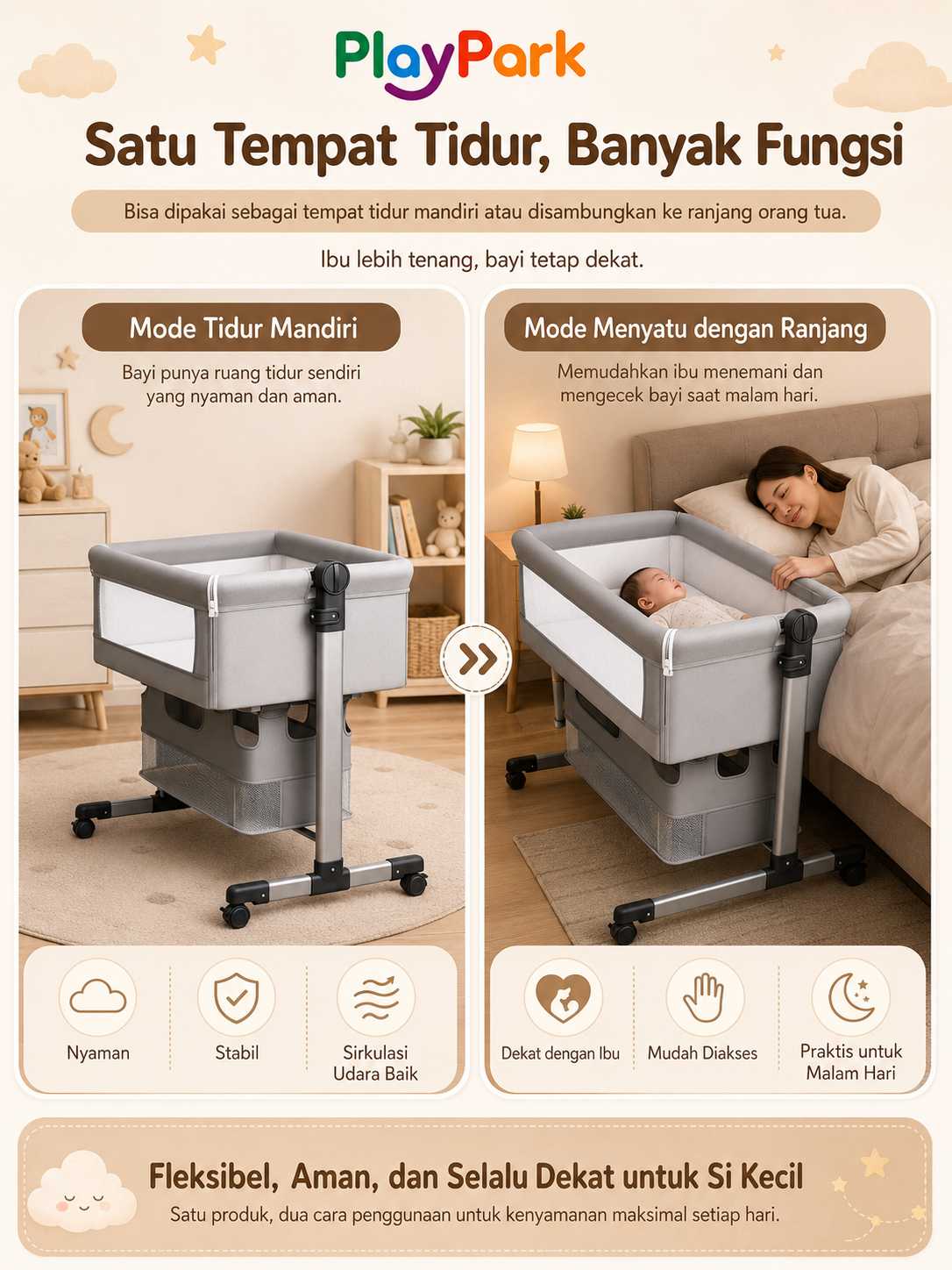 Playpark Box Bayi Portabel - Tempat Tidur Goyang Lipat Multifungsi - Gambar 16