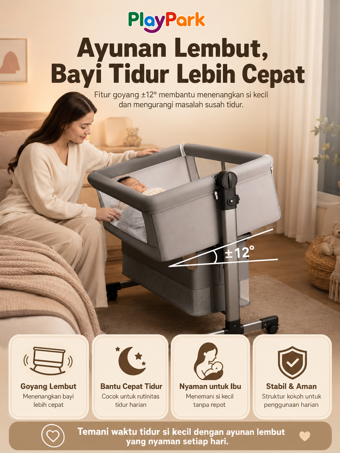 Playpark Box Bayi Portabel - Tempat Tidur Goyang Lipat Multifungsi - Gambar 10