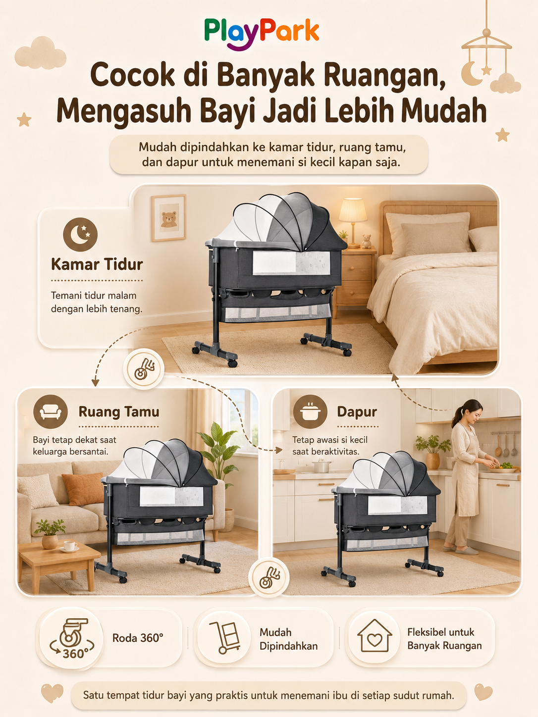 Playpark Box Bayi Portabel - Tempat Tidur Goyang Lipat Multifungsi - Gambar 6