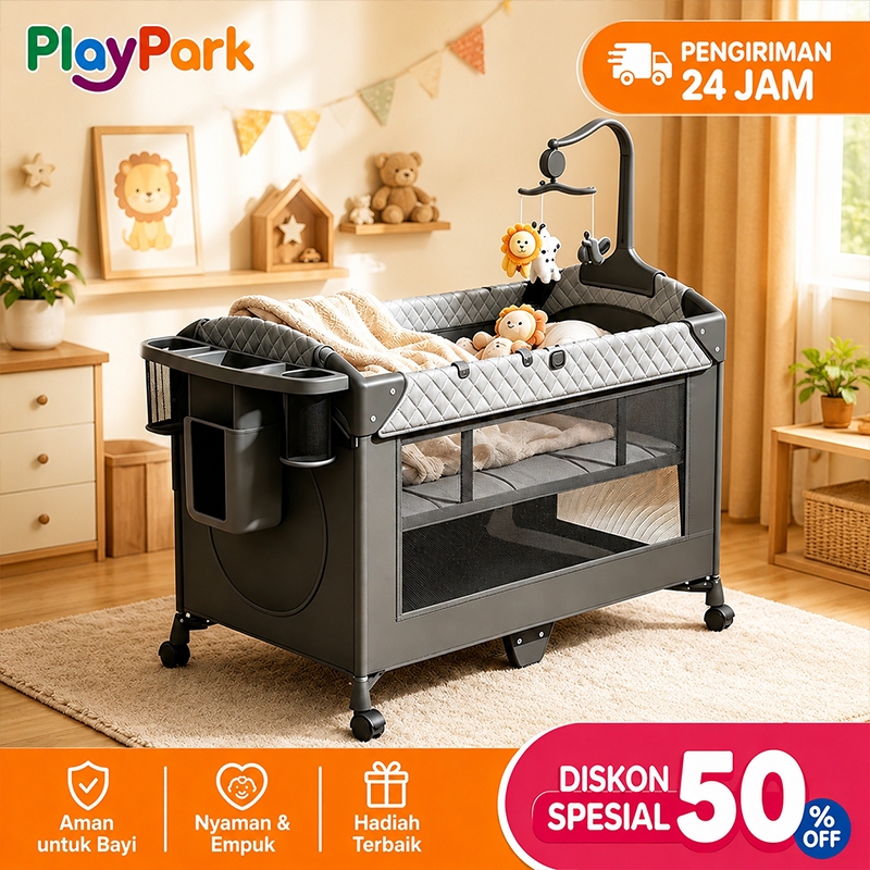 Playpark 6in1 Ranjang Bayi Lipat Portabel Roda Bonus Kelambu