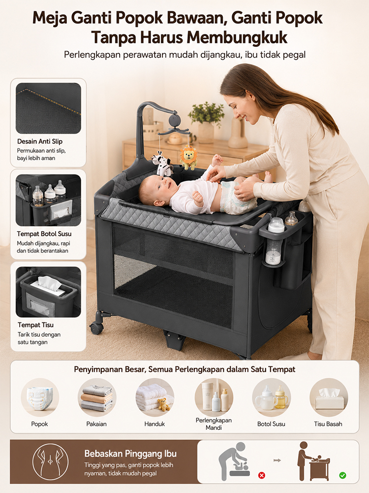 Playpark 6in1 Ranjang Bayi Lipat Portabel Roda Bonus Kelambu