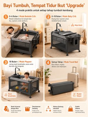 Playpark 6in1 Ranjang Bayi Lipat Portabel Roda Bonus Kelambu - Gambar 19