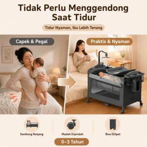 Playpark 6in1 Ranjang Bayi Lipat Portabel Roda Bonus Kelambu - Gambar 3