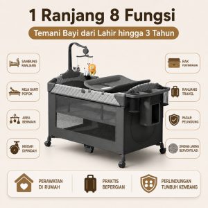 Playpark 6in1 Ranjang Bayi Lipat Portabel Roda Bonus Kelambu - Gambar 5