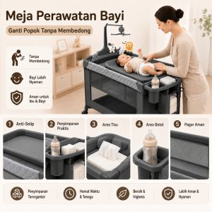 Playpark 6in1 Ranjang Bayi Lipat Portabel Roda Bonus Kelambu - Gambar 7