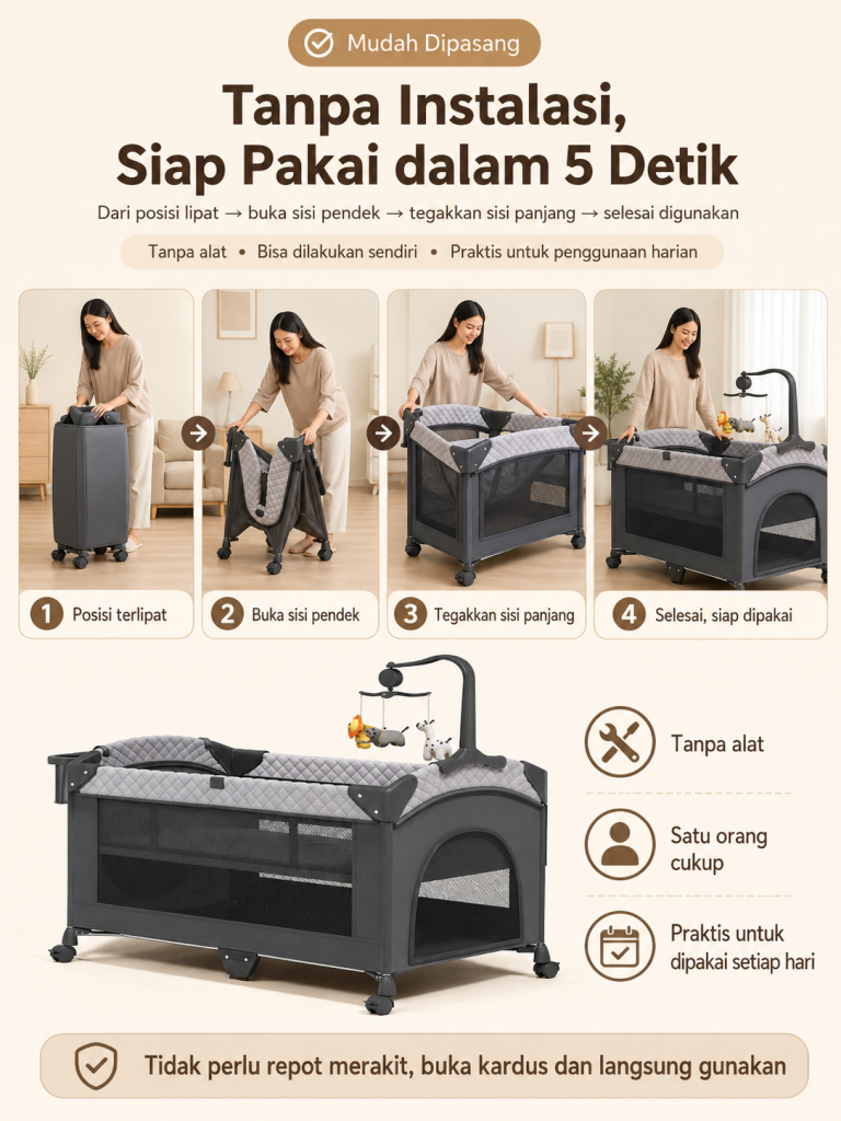 Playpark 6in1 Ranjang Bayi Lipat Portabel Roda Bonus Kelambu