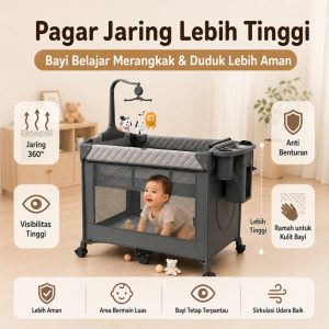 Playpark 6in1 Ranjang Bayi Lipat Portabel Roda Bonus Kelambu - Gambar 9