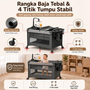Playpark 6in1 Ranjang Bayi Lipat Portabel Roda Bonus Kelambu - Gambar 11
