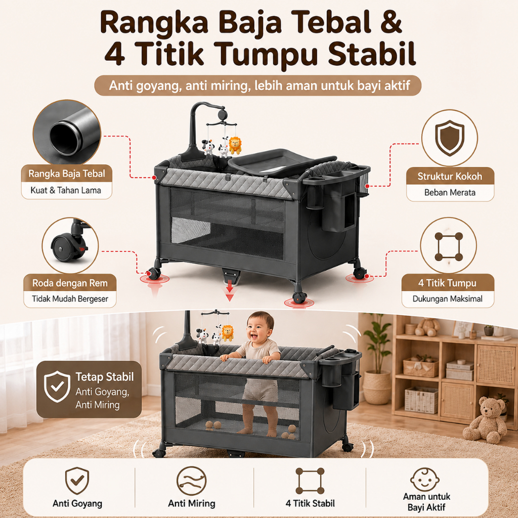 Playpark 6in1 Ranjang Bayi Lipat Portabel Roda Bonus Kelambu