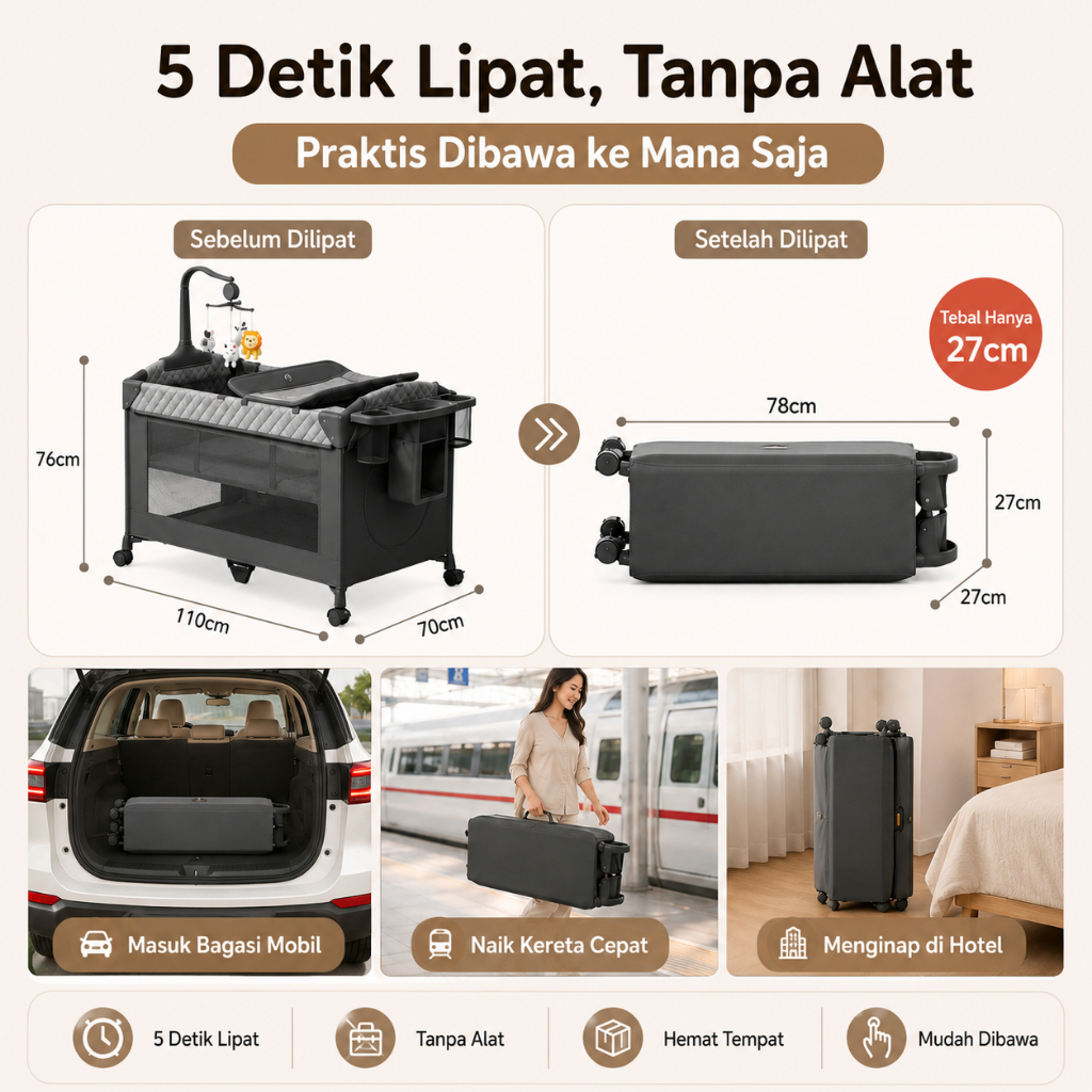 Playpark 6in1 Ranjang Bayi Lipat Portabel Roda Bonus Kelambu