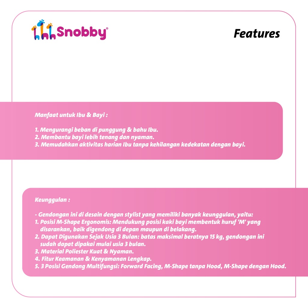 Snobby Gendongan Bayi Ransel M-Shape Beryl Series SBG2441 - Gambar 3