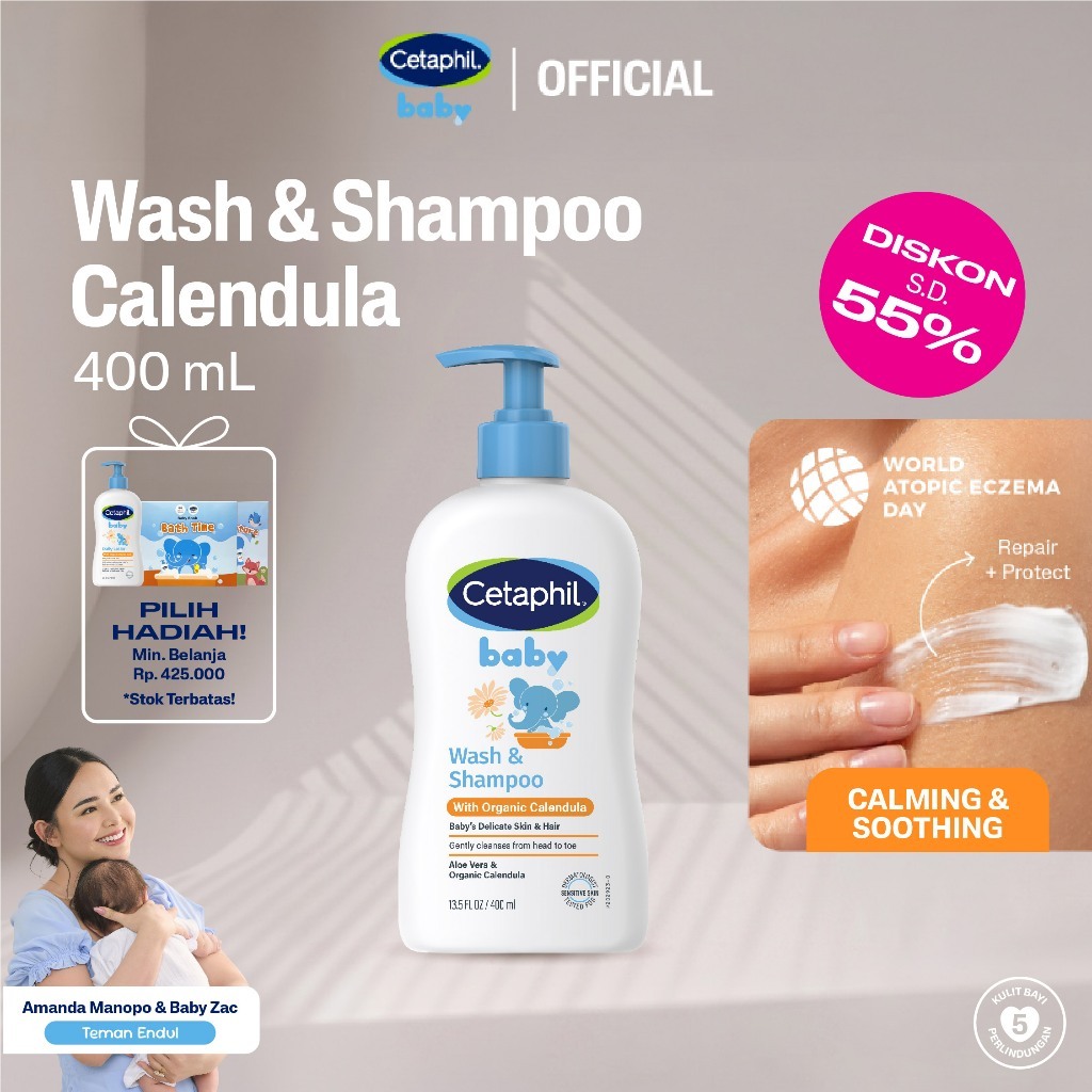 Cetaphil Baby Wash and Shampoo 400ml Organic Calendula Aloe Vera