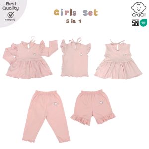CruCil Setelan Baju Kaos Anak Perempuan Girls Set 5 in 1 Katun Premium SNI Usia 6 Bulan - 8 Tahun