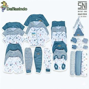 Daffasindo SNI 30Pcs Paket Baju Bayi Siap Lahiran (18pcs Baju Celana+Topi+Sarung Tangan+Kaki+Bedong)Motif Denim, Navy, Kuning