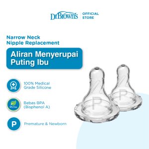 Dr. Brown's Option+ Narrow Neck Replacement Nipple Isi 2pcs Dot Botol Standar Anti Kolik