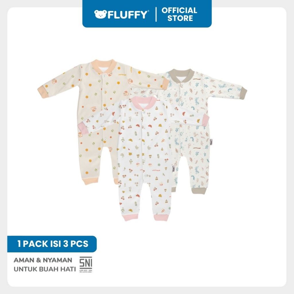 FLUFFY Jumpsuit Series Motif Pattern Isi 3 Pasang Baju Tidur Jumper Bayi SNI - Gambar 4