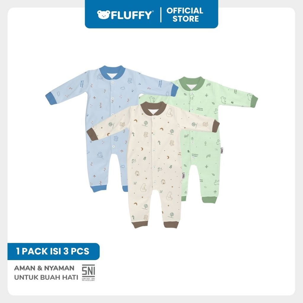 FLUFFY Jumpsuit Series Motif Pattern Isi 3 Pasang Baju Tidur Jumper Bayi SNI - Gambar 5