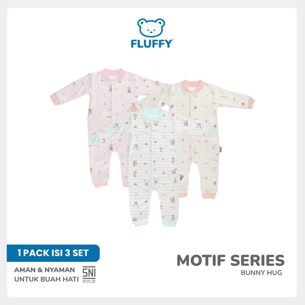 FLUFFY Jumpsuit Series Motif Pattern Isi 3 Pasang Baju Tidur Jumper Bayi SNI - Gambar 6