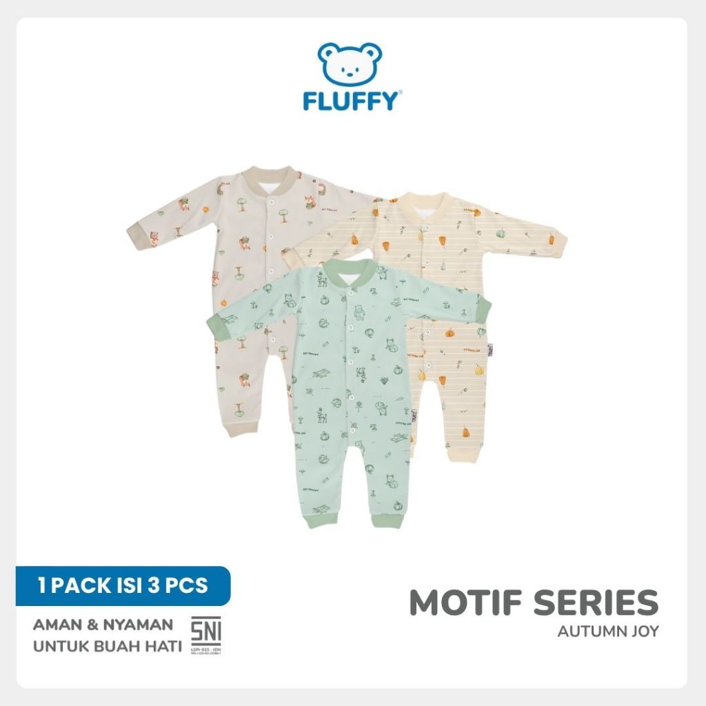 FLUFFY Jumpsuit Series Motif Pattern Isi 3 Pasang Baju Tidur Jumper Bayi SNI - Gambar 7