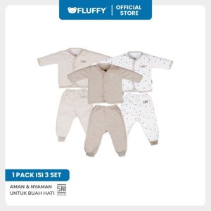 Fluffy Setelan Baju Lengan Panjang Celana Panjang Bis KKI Khaki Newborn Pack 3 Pasang (2)
