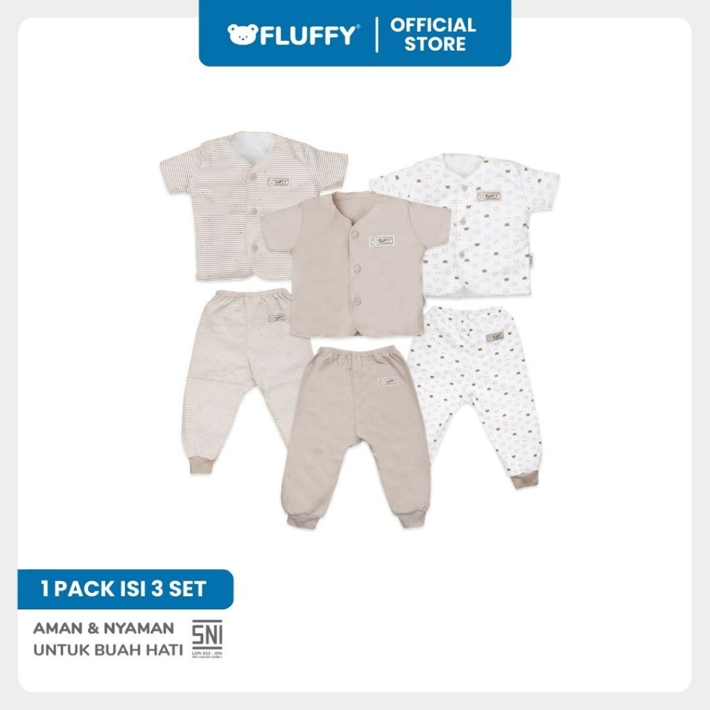 Fluffy Setelan Baju Lengan Pendek Celana Panjang Newborn Isi 3 Pasang SNI - Gambar 2