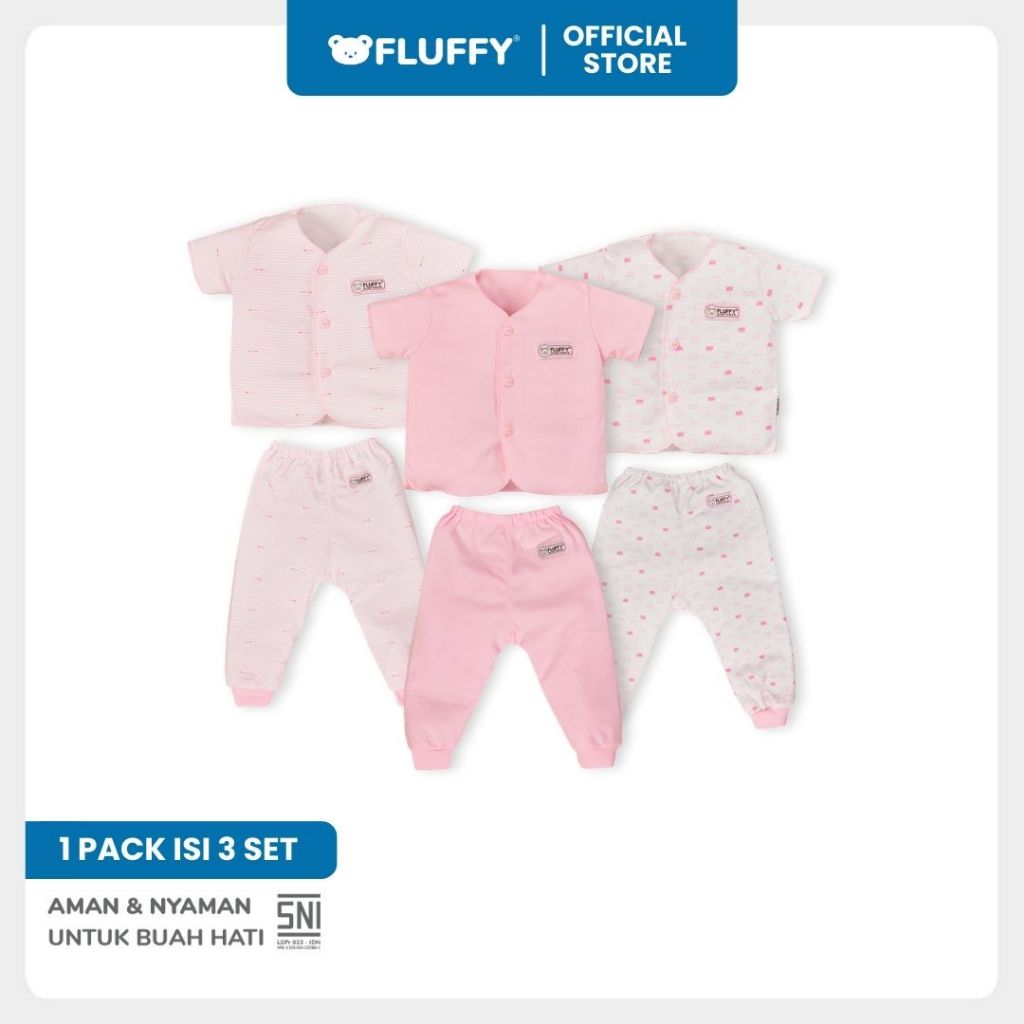 Fluffy Setelan Baju Lengan Pendek Celana Panjang Newborn Isi 3 Pasang SNI - Gambar 6