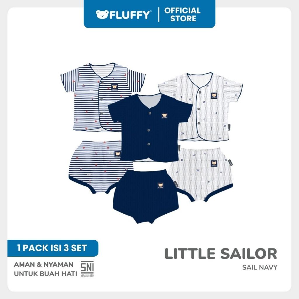 Fluffy Setelan Baju Lengan Pendek Celana Pendek Little Sailor Navy Newborn 3 Pasang - Gambar 2