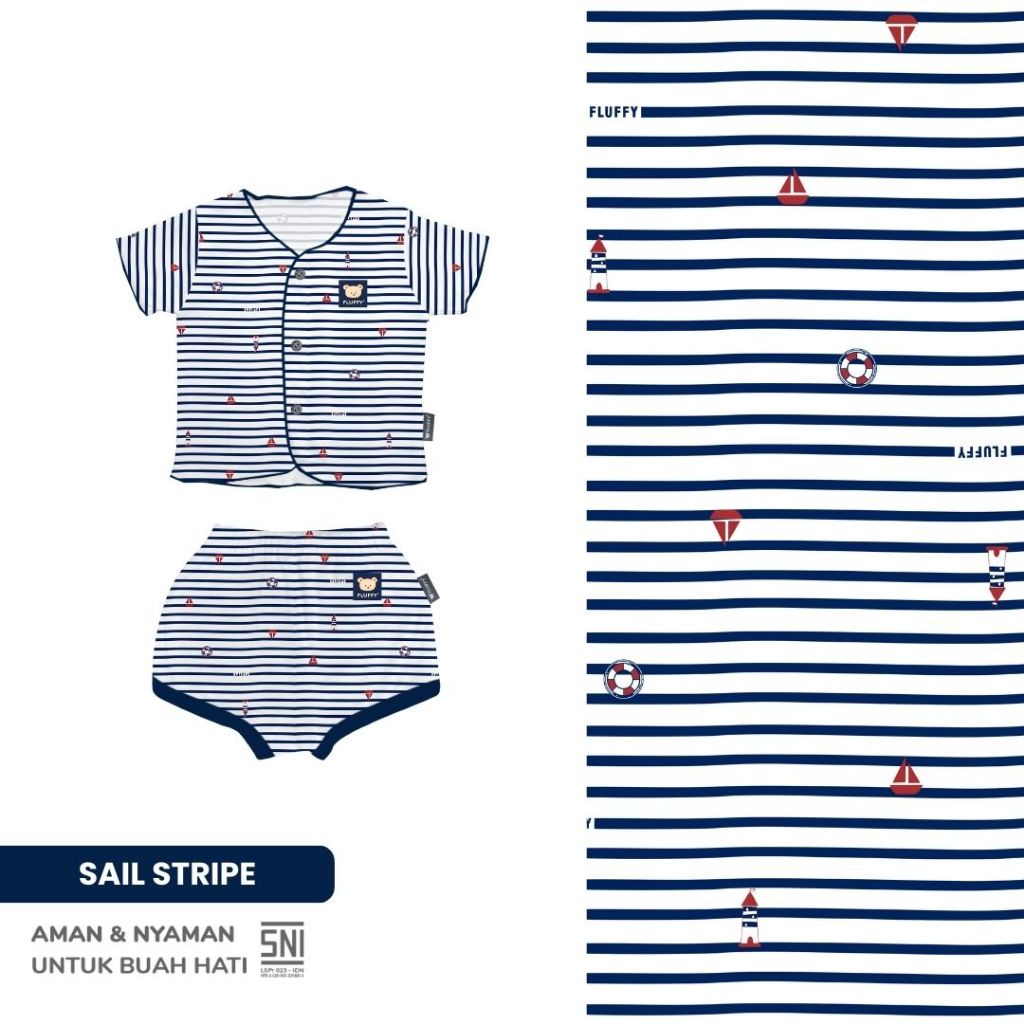 Fluffy Setelan Baju Lengan Pendek Celana Pendek Little Sailor Navy Newborn 3 Pasang - Gambar 3