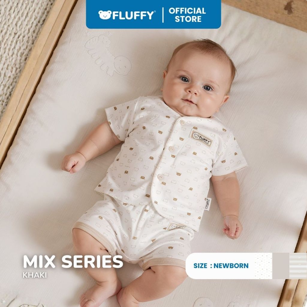 Fluffy Setelan Baju Lengan Pendek Celana Pendek Neci Khaki Newborn 3 Pasang