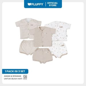 Fluffy Setelan Baju Lengan Pendek Celana Pendek Neci Khaki Newborn 3 Pasang (2)