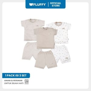 Fluffy Setelan Baju Oblong Lengan Pendek Celana Pendek KKI Khaki Isi 3 Pasang S M L (2)