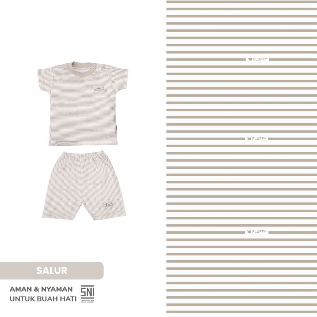 Fluffy Setelan Baju Oblong Lengan Pendek Celana Pendek KKI Khaki Isi 3 Pasang S M L - Gambar 3