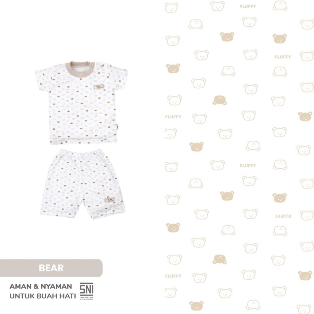 Fluffy Setelan Baju Oblong Lengan Pendek Celana Pendek KKI Khaki Isi 3 Pasang S M L - Gambar 4