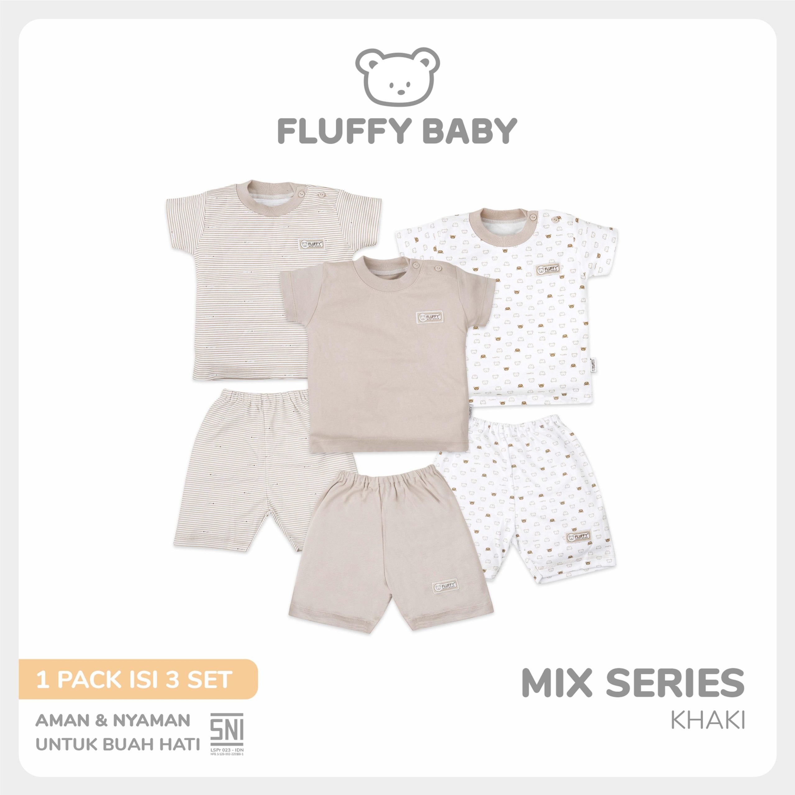 Fluffy Setelan Baju Oblong Lengan Pendek Celana Pendek KKI Khaki Isi 3 Pasang S M L - Gambar 6
