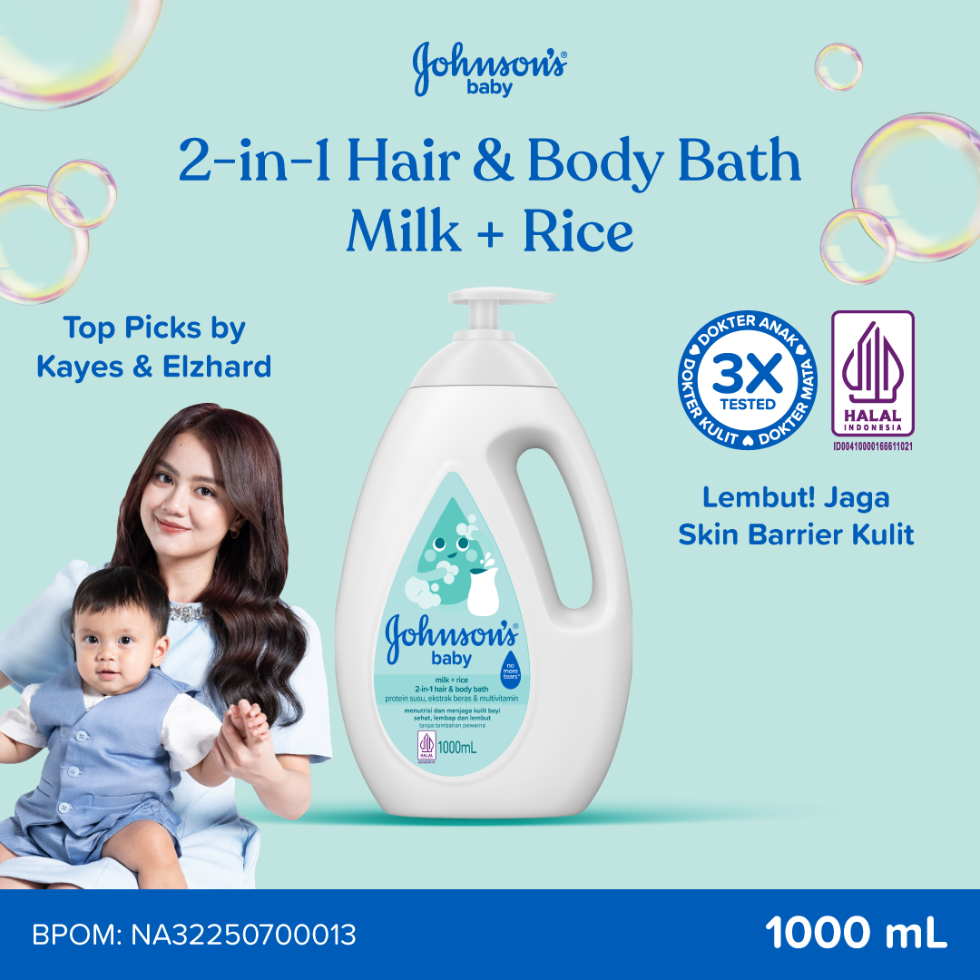 Johnson's Baby Hair Body Bath Milk Rice 1 Liter Sabun Mandi Bayi 2 in 1 1000ml