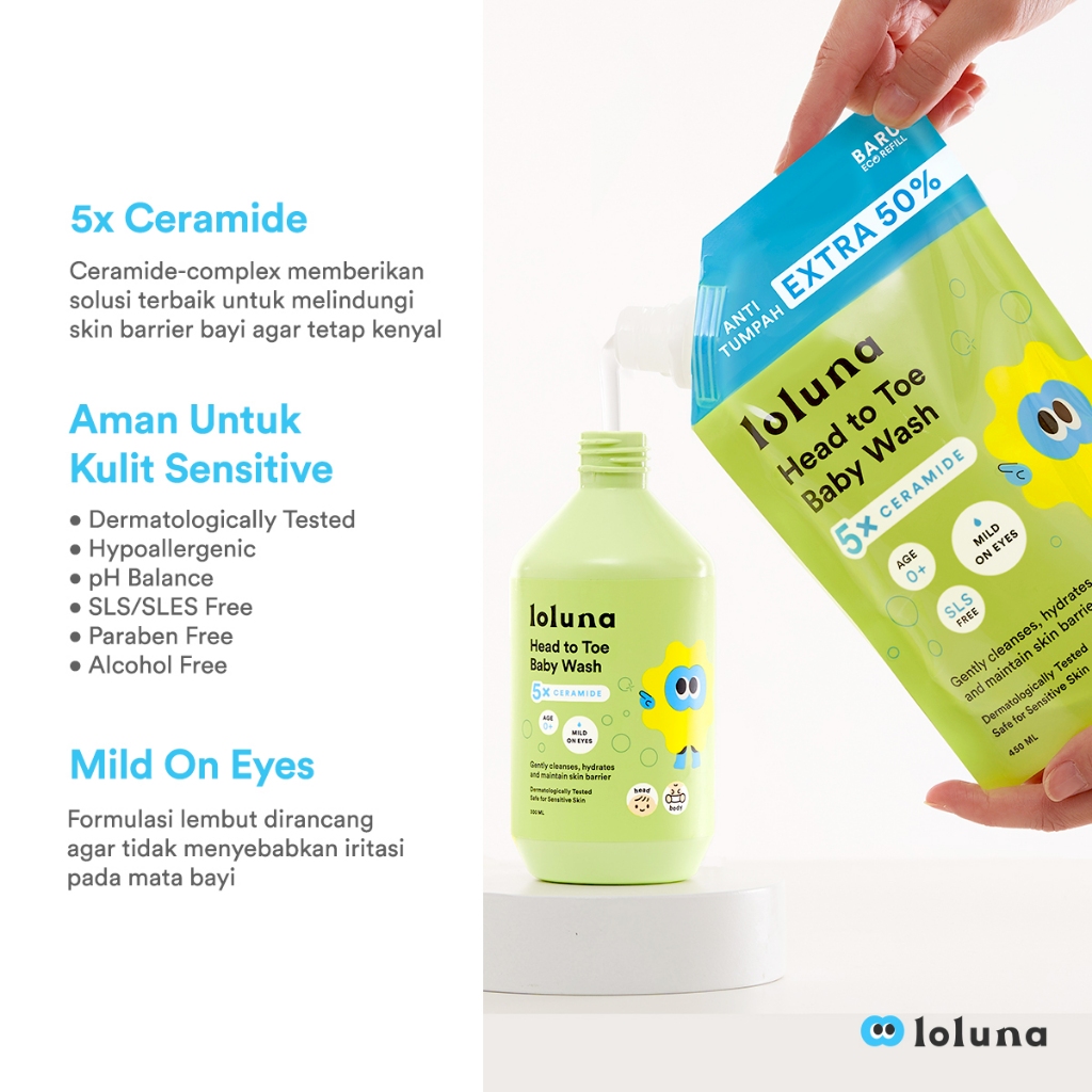 LOLUNA Head to Toe Baby Wash 450ml Refill Sabun Sampo Bayi Sensitif 5x Ceramide - Gambar 5