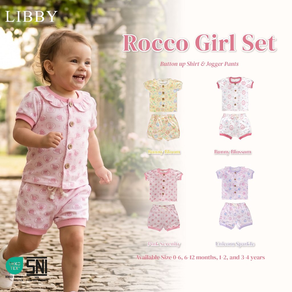Libby Earth Setelan Baju Kancing Lengan Balon Celana Pendek Rocco Girl