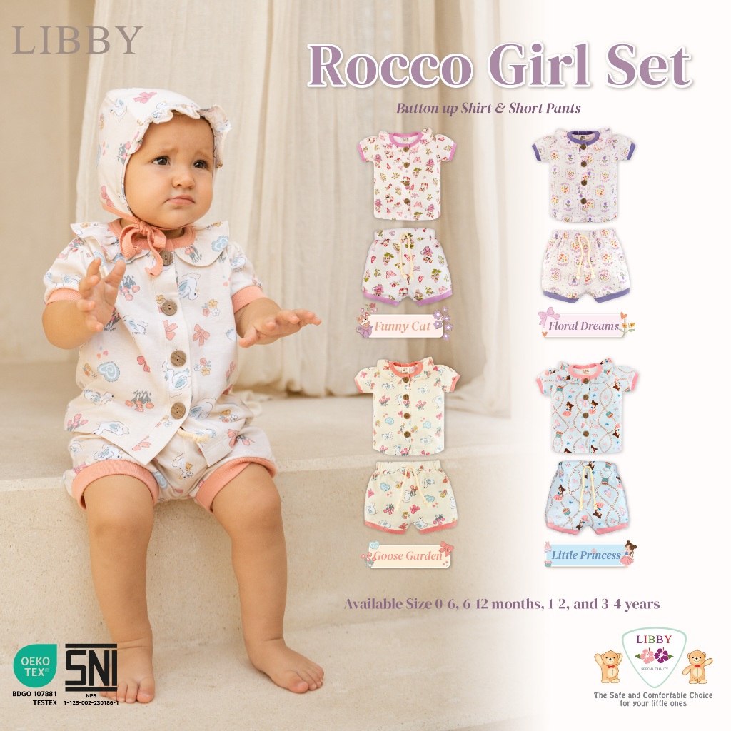 Libby Earth Setelan Baju Kancing Lengan Balon Celana Pendek Rocco Girl - Gambar 3