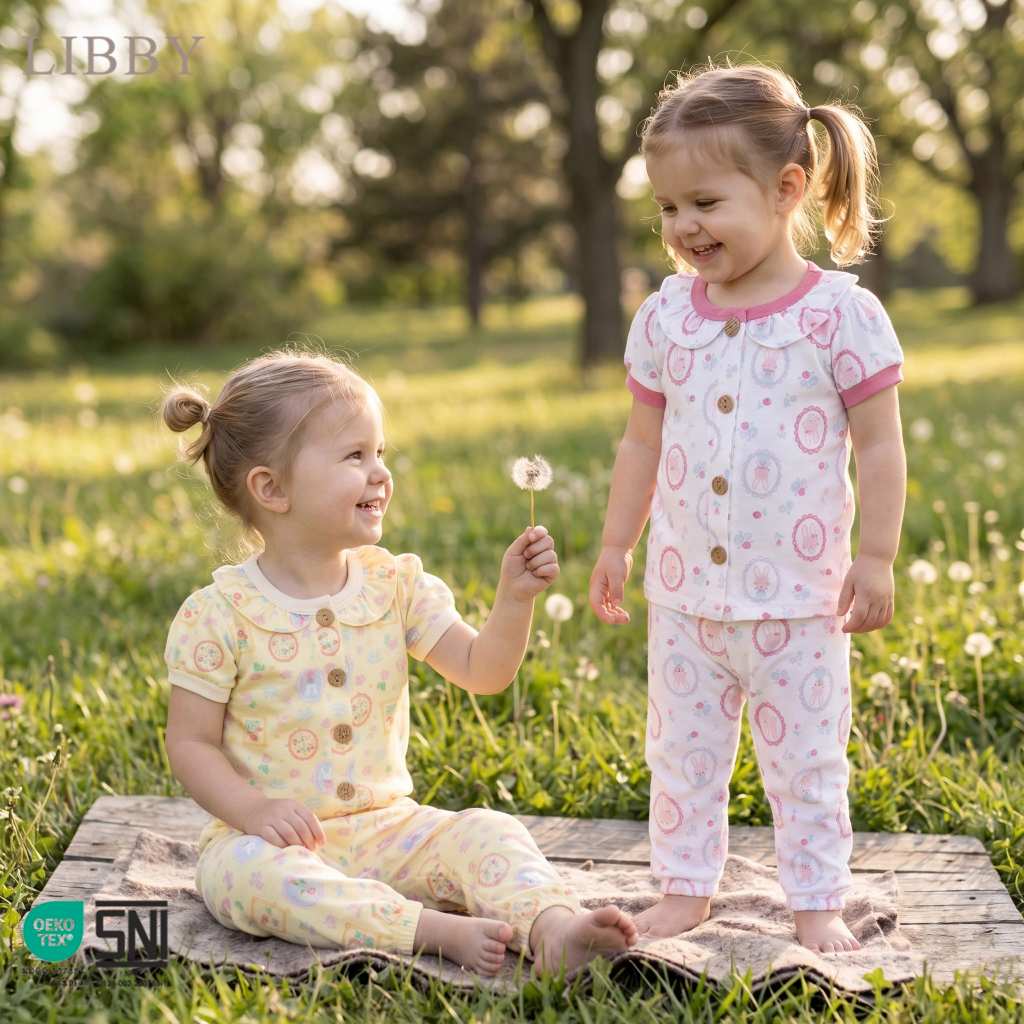 Libby Earth Setelan Baju Kancing Lengan Balon Celana Pendek Rocco Girl - Gambar 7