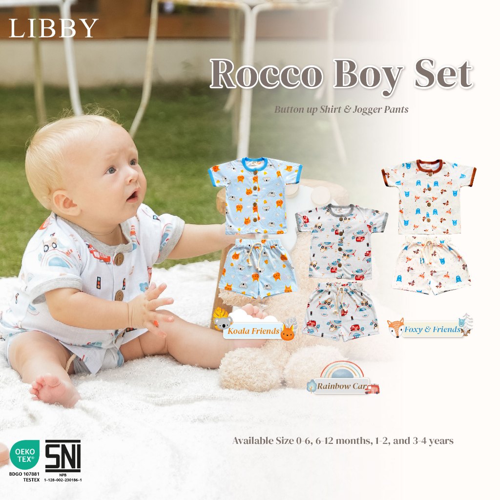 Libby Earth Setelan Baju Kancing Pendek Celana Pendek Rib Rocco Set Boy